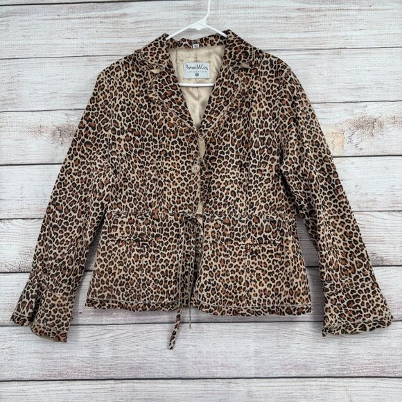 Pamela McCoy Collections Leopard Print Leather Blazer Women's Large Beige‎ - Picture 1 of 15